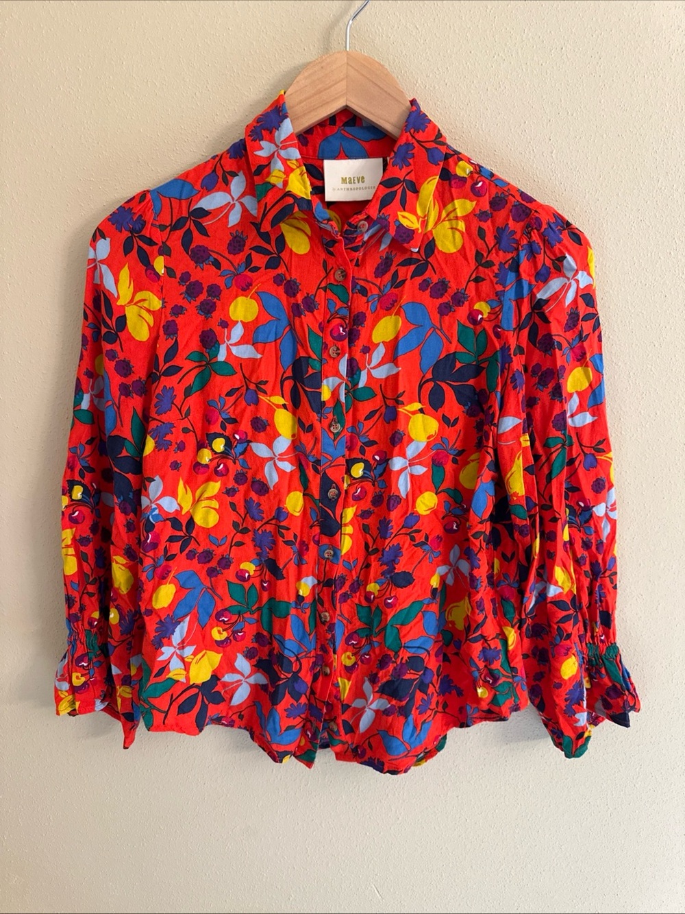 Anthropologie Maeve Blithe button-down blouse red cottagecore size 0‎